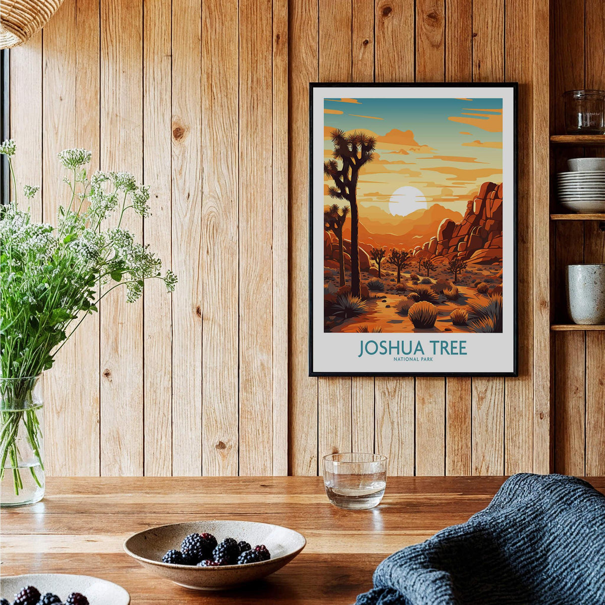 Joshua Tree Wall Art Poster featuring a sunset over the desert, enhancing home decor with nature's beauty.