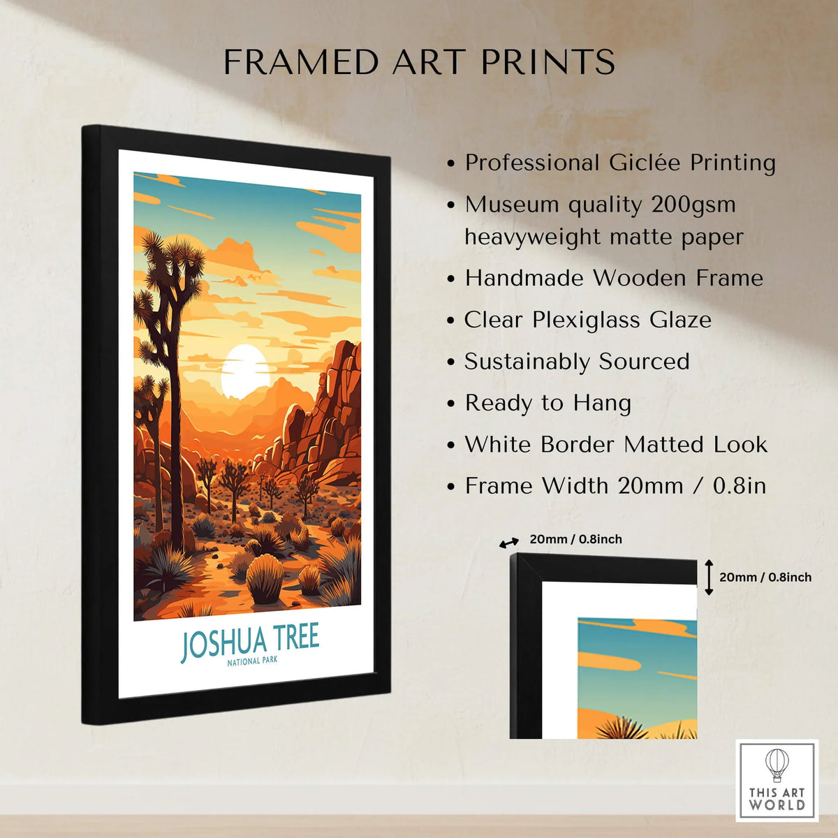 Joshua Tree Wall Art Poster featuring professional giclée printing and sustainable wood frame.