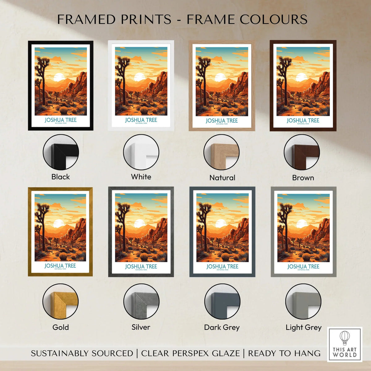 Framed Joshua Tree Wall Art Poster in various frame colors including black, white, natural, and brown.