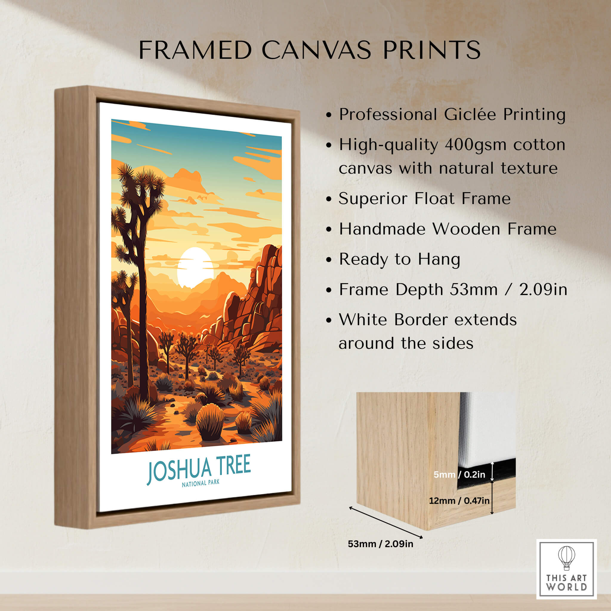 Framed Joshua Tree Wall Art Poster with sunset colors, high-quality printing, and natural texture, ready to hang.