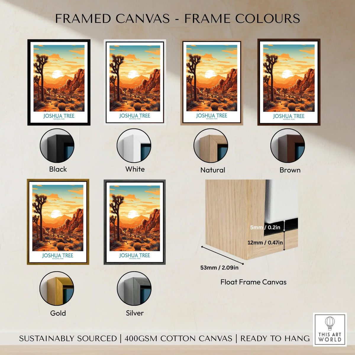 Framed canvas options for Joshua Tree Wall Art Poster in various colors including black, white, natural, brown, gold, and silver.