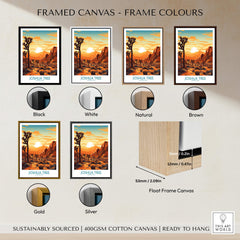 Framed canvas options for Joshua Tree Wall Art Poster in various colors including black, white, natural, brown, gold, and silver.