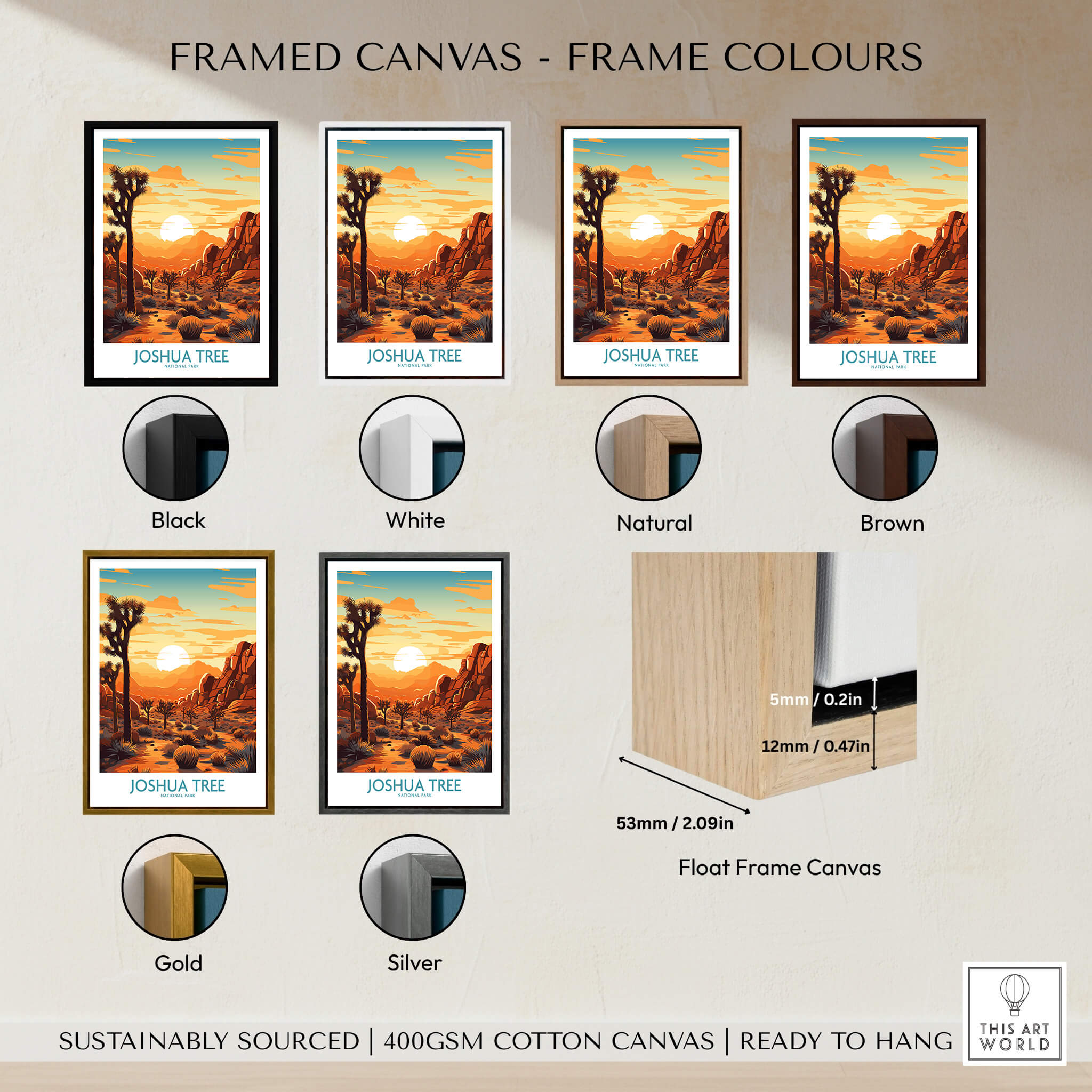 Framed canvas options for Joshua Tree Wall Art Poster in various colors including black, white, natural, brown, gold, and silver.