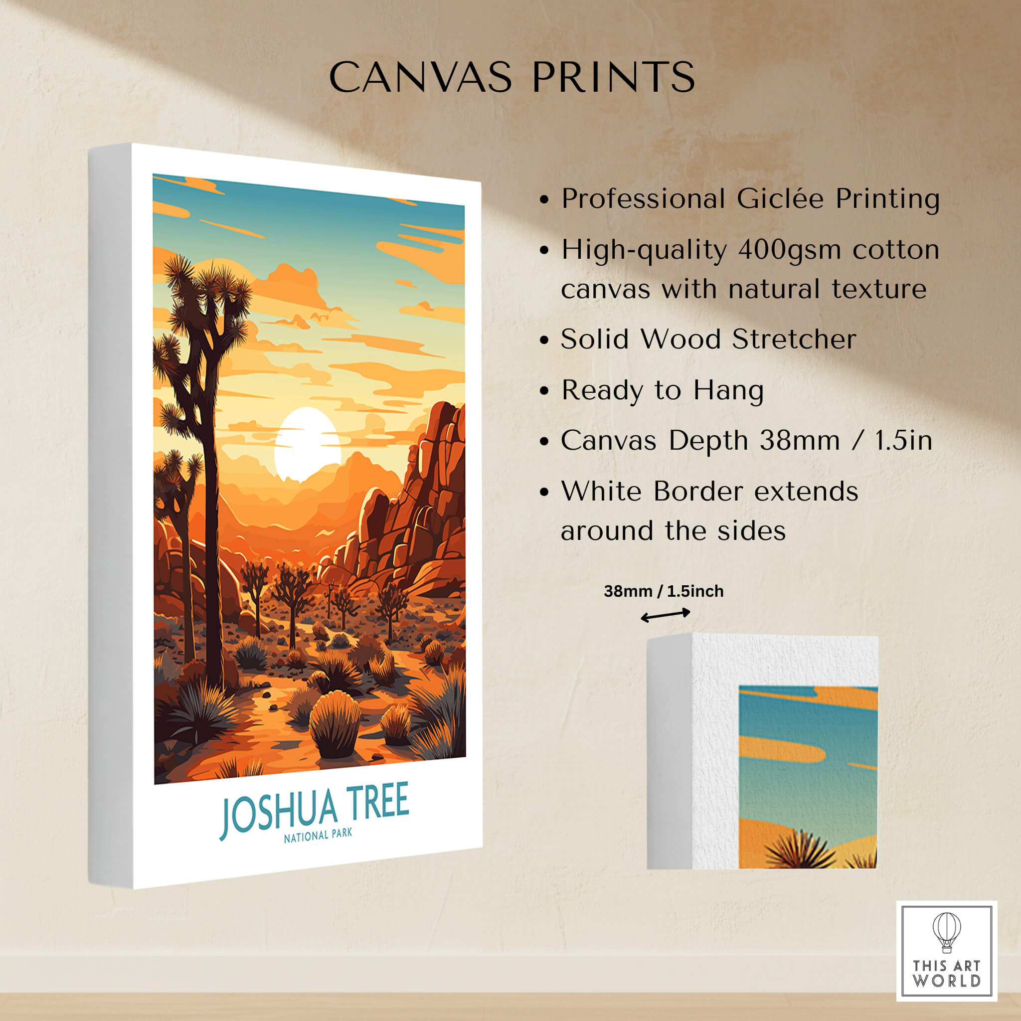 Joshua Tree Wall Art Poster featuring vibrant colors and sunset over the desert, perfect for home decoration.