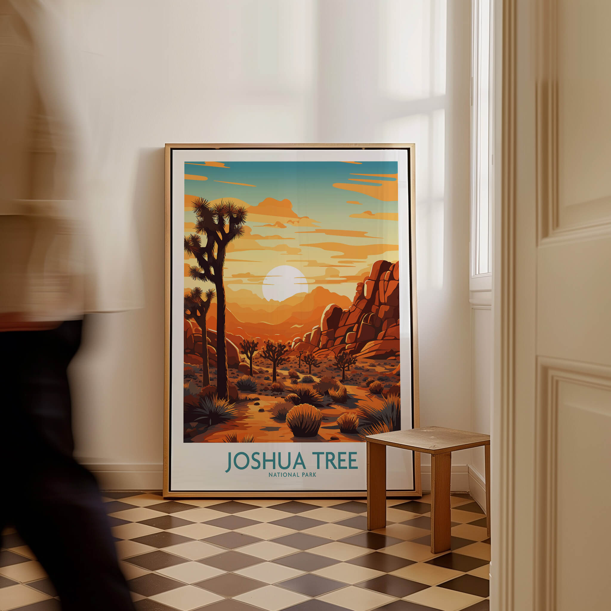 Joshua Tree Wall Art Poster displayed in a stylish home interior, featuring sunset colors and desert landscape.