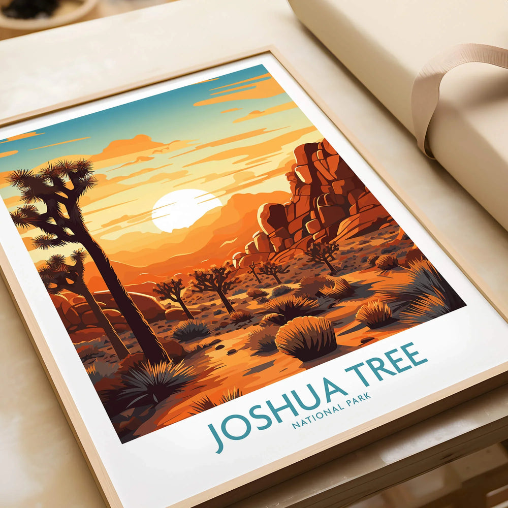 Joshua Tree National Park art print in a natural wood frame, desert landscape at sunset
