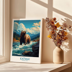 Katmai National Park wall art print with bear in river, displayed by window with dried flowers