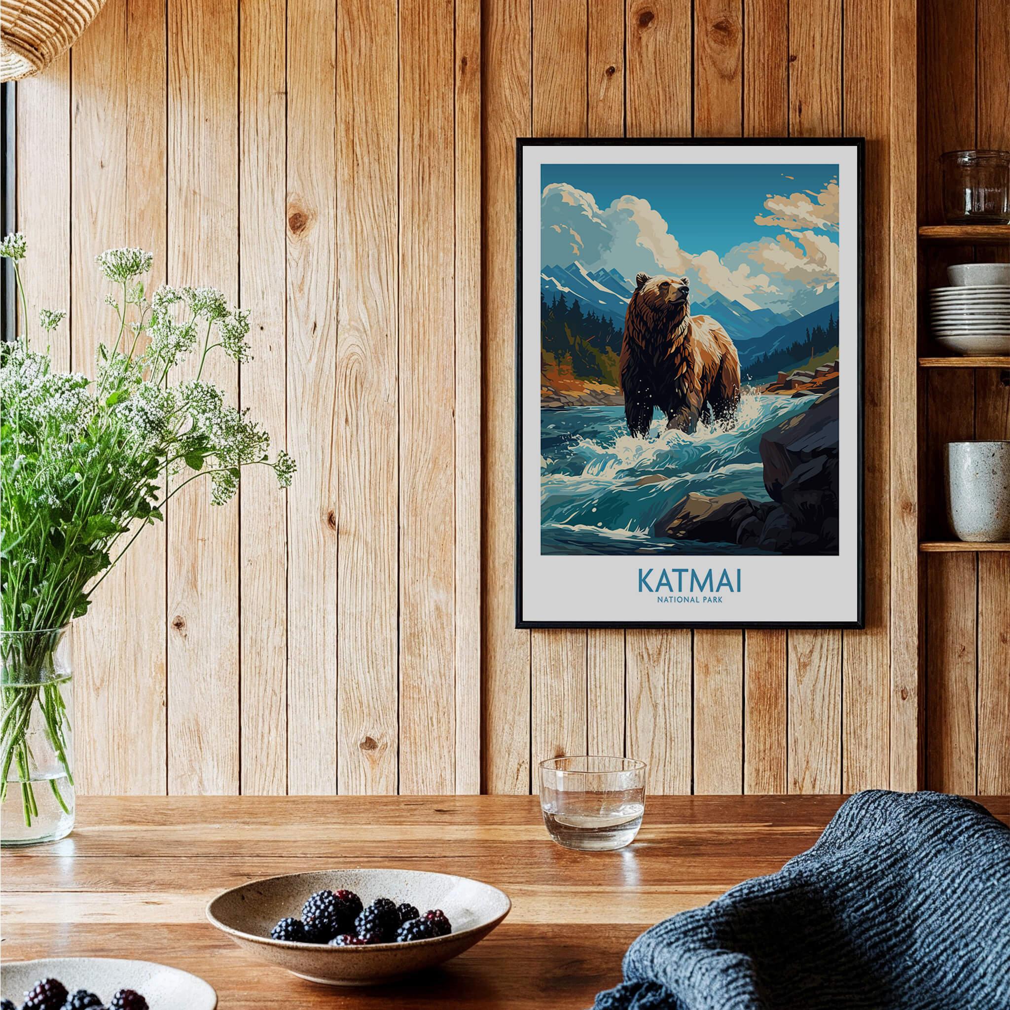 Katmai National Park art print with bear and mountain scenery framed on wooden kitchen wall