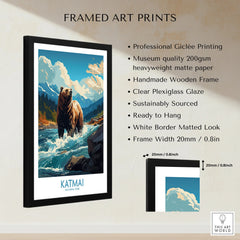 Framed Katmai National Park poster print with bear artwork on wall, giclée quality details