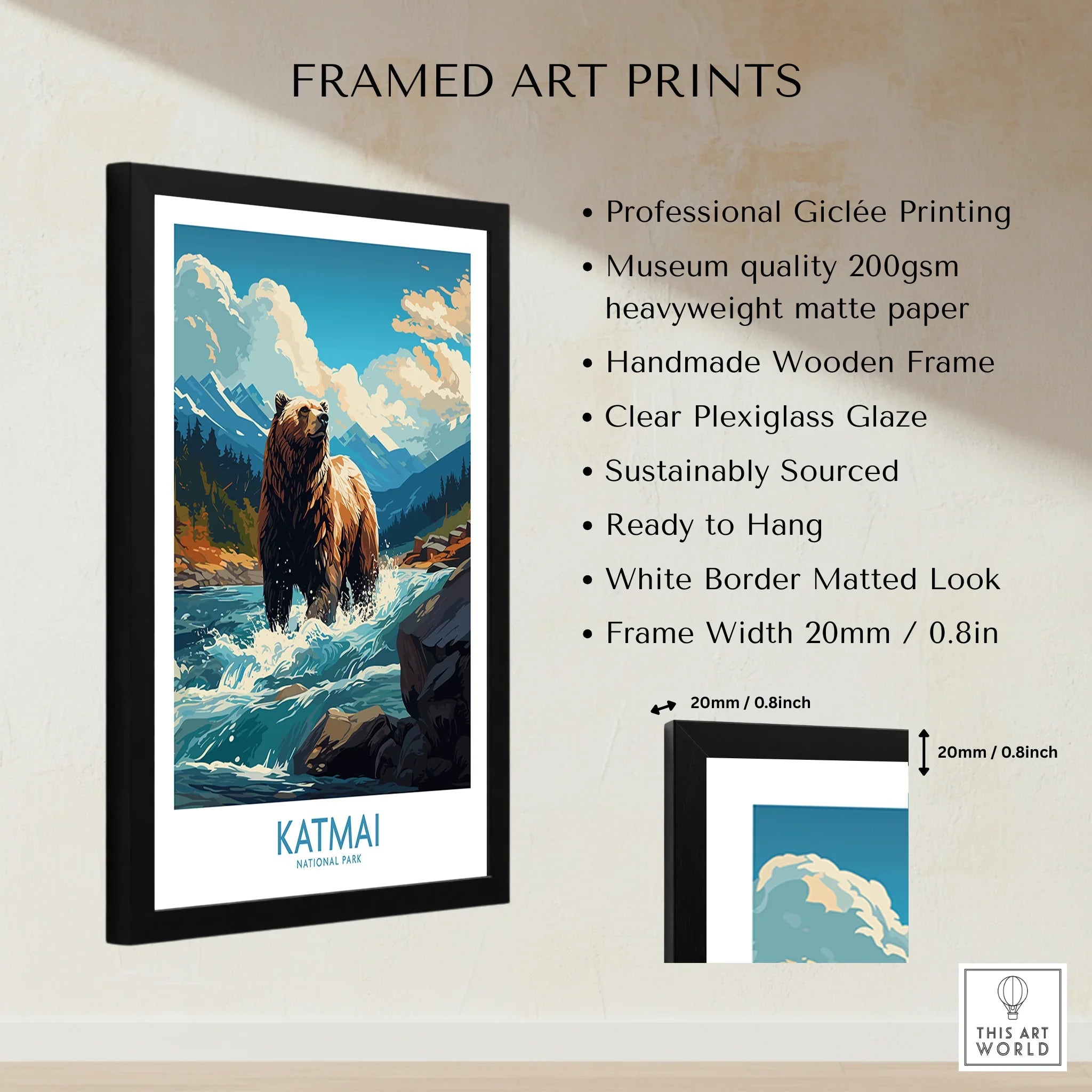 Framed Katmai National Park poster print with bear artwork on wall, giclée quality details