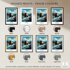 Katmai National Park art print of a bear in a river, shown in various frame colors including black, white, natural, brown, gold, silver, dark grey, and light grey.