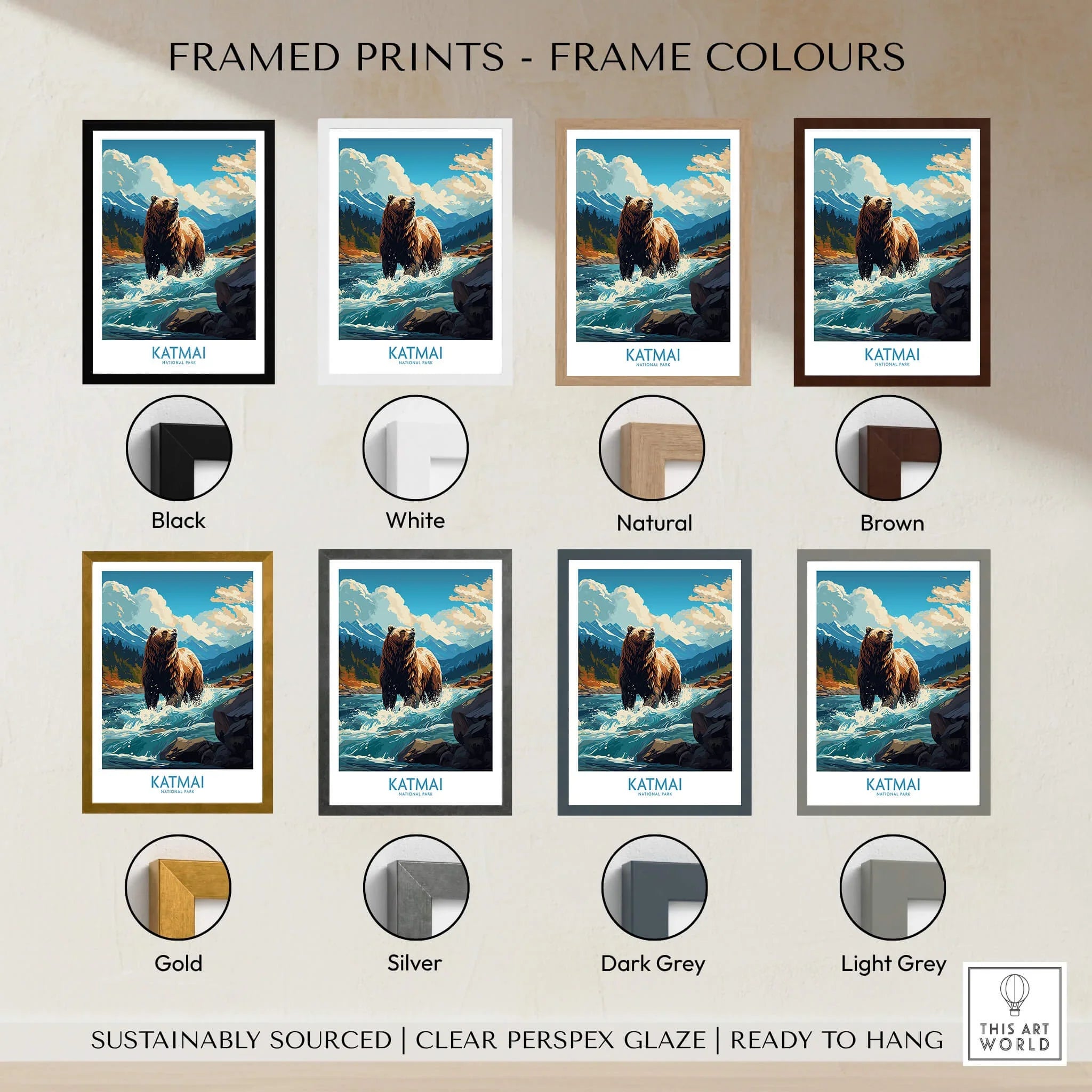 Katmai National Park art print of a bear in a river, shown in various frame colors including black, white, natural, brown, gold, silver, dark grey, and light grey.