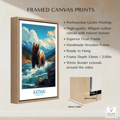 Framed Katmai National Park bear art print with float frame and canvas details displayed
