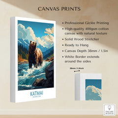 Katmai National Park canvas print with bear in river, mountain landscape, cotton texture details