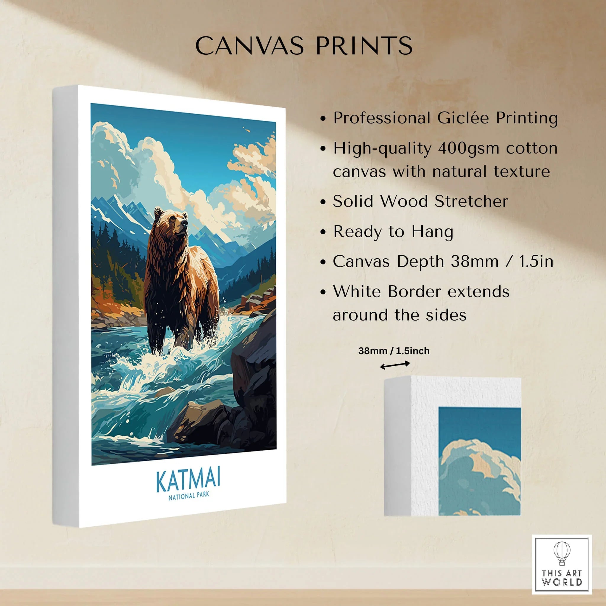 Katmai National Park canvas print with bear in river, mountain landscape, cotton texture details