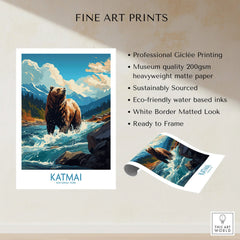 Katmai National Park bear art print with river, mountains, and forest, unframed.