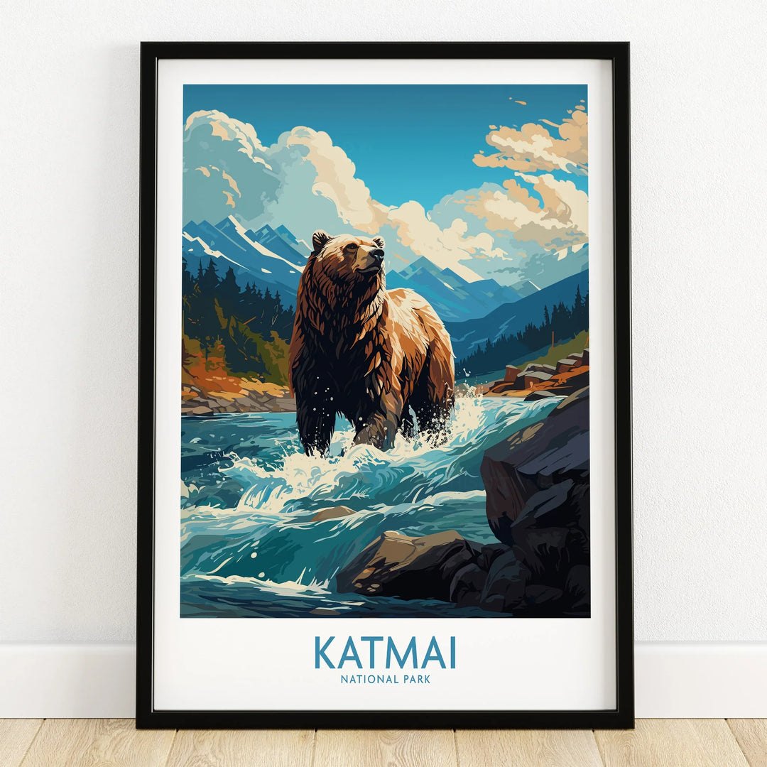 Katmai National Park art print with a brown bear in a river, black frame on wooden floor