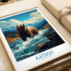 Framed Katmai National Park art print featuring a bear in a mountain river, unwrapped gift.