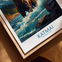Katmai National Park art print close-up showing a bear in a river, framed in natural wood