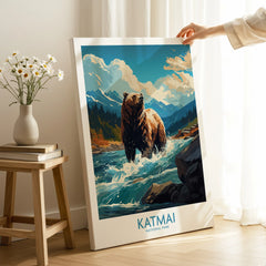 Katmai National Park travel poster print with bear art, canvas held in cozy room