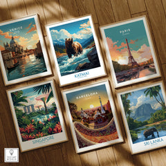 Set of six framed travel posters including Venice, Katmai National Park, Paris, Singapore, Barcelona, and Sri Lanka displayed on a wooden floor.