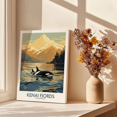 Kenai Fjords National Park art print on windowsill with vase of dried flowers, mountain and orca illustration