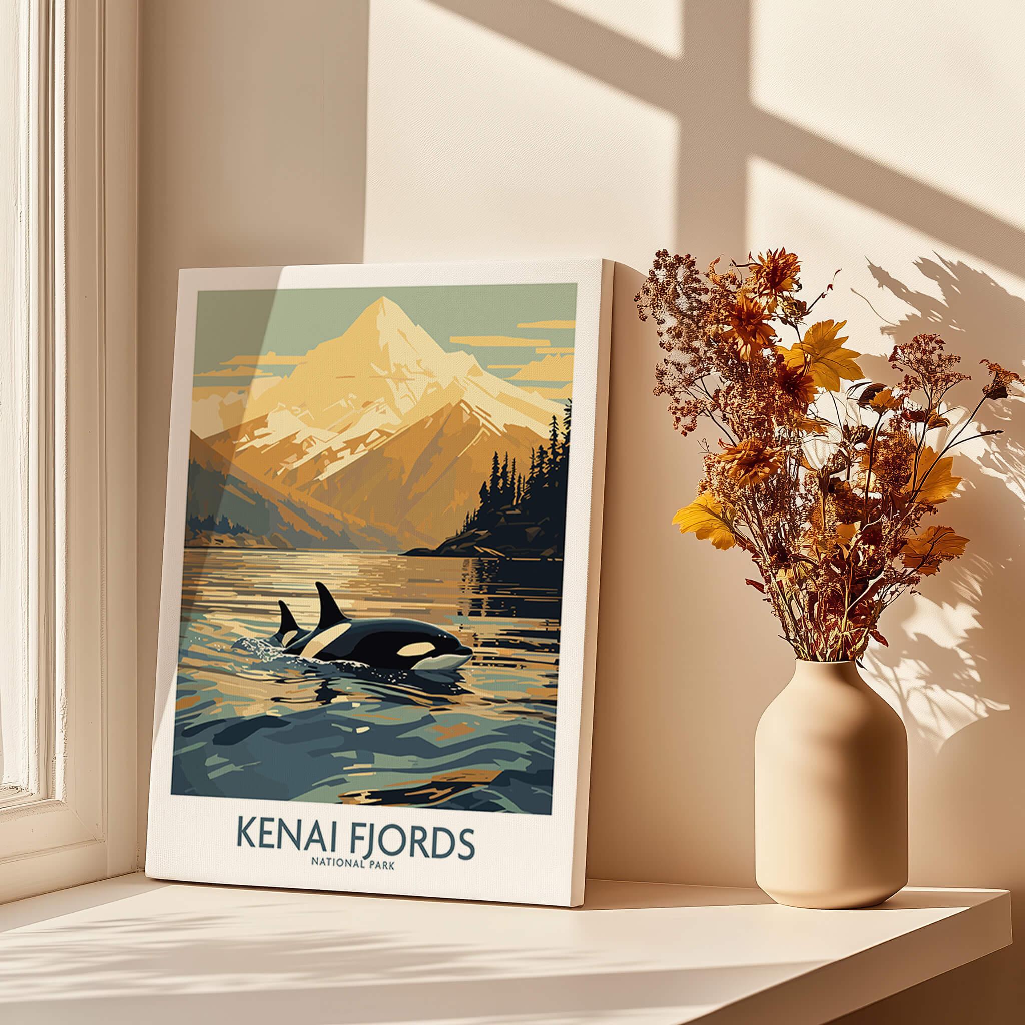 Kenai Fjords National Park art print on windowsill with vase of dried flowers, mountain and orca illustration