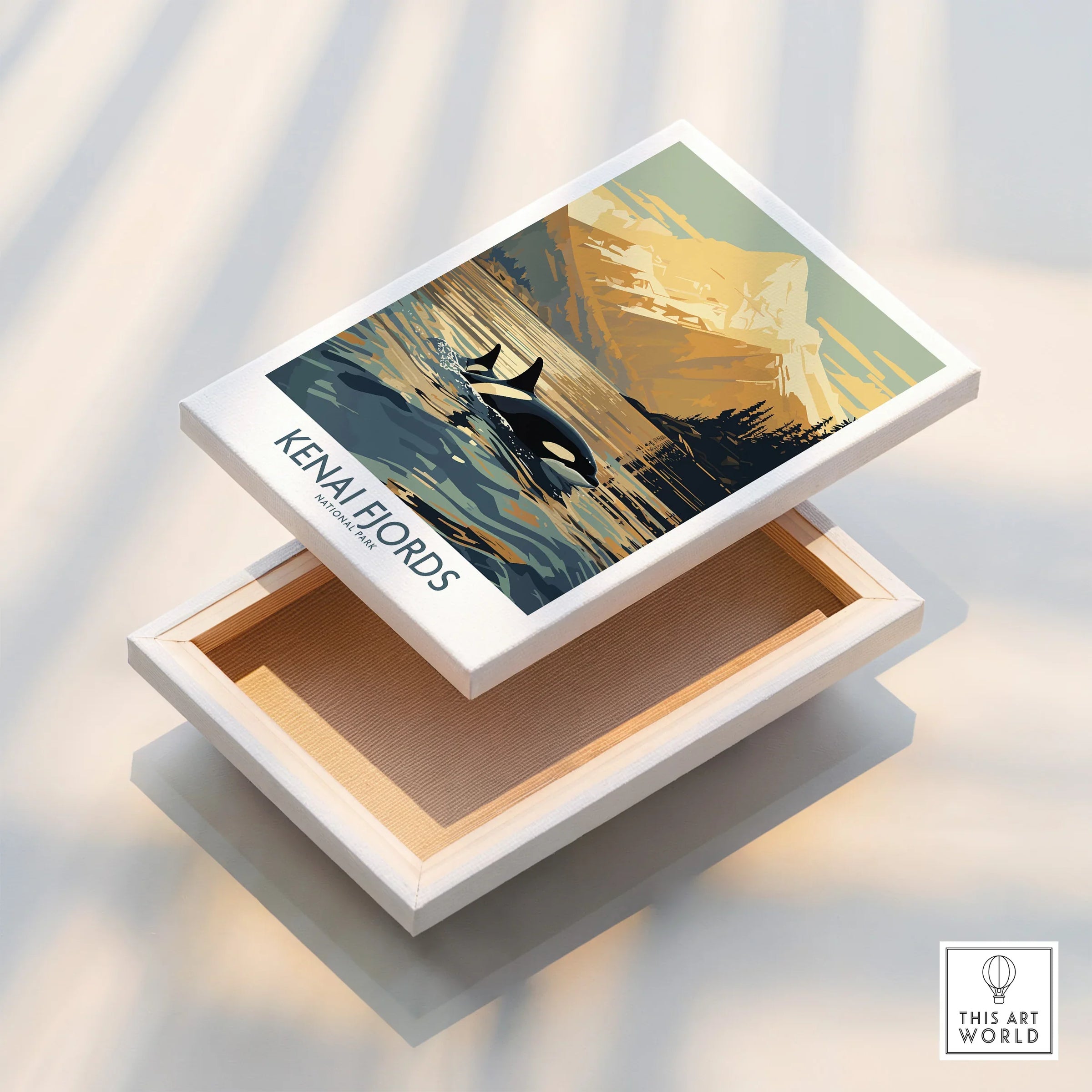 Kenai Fjords National Park canvas wall art with orca and mountains, floating frame detail