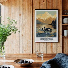 Kenai Fjords National Park art print featuring orcas and mountains in a rustic kitchen setting