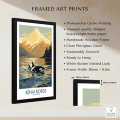 Framed Kenai Fjords National Park art print with orca, mountains, and product details