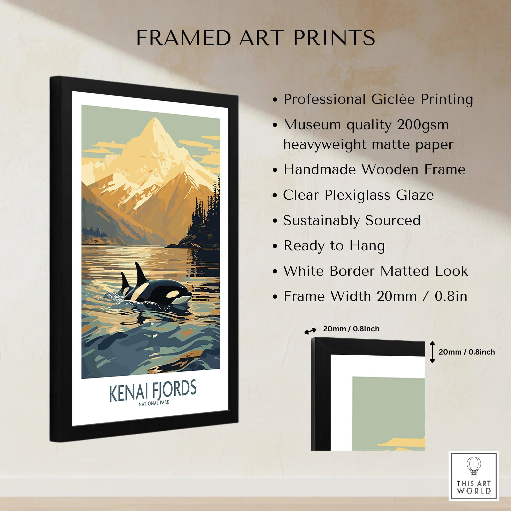 Framed Kenai Fjords National Park art print with orca, mountains, and product details