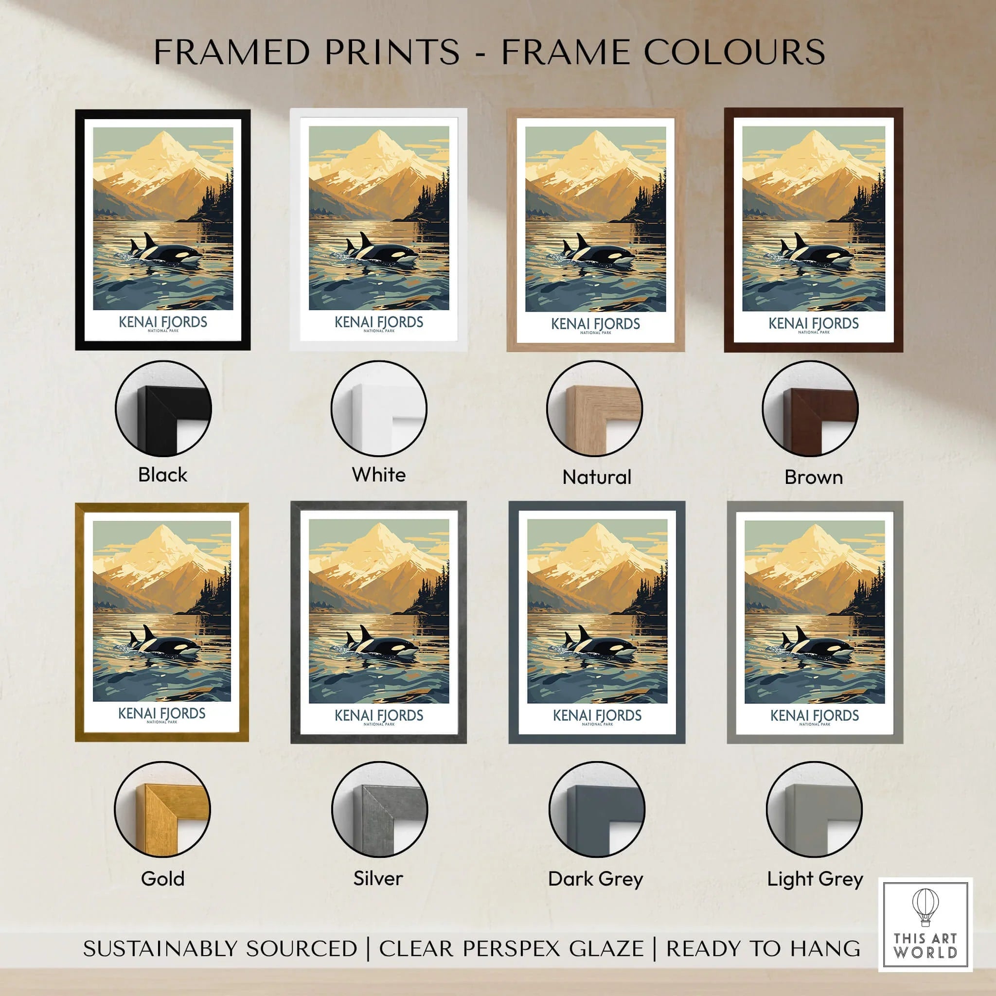 Kenai Fjords travel poster wall art with orca, shown in eight frame color options.