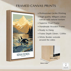 Framed Kenai Fjords National Park canvas print featuring orca whale, mountain and lake scene