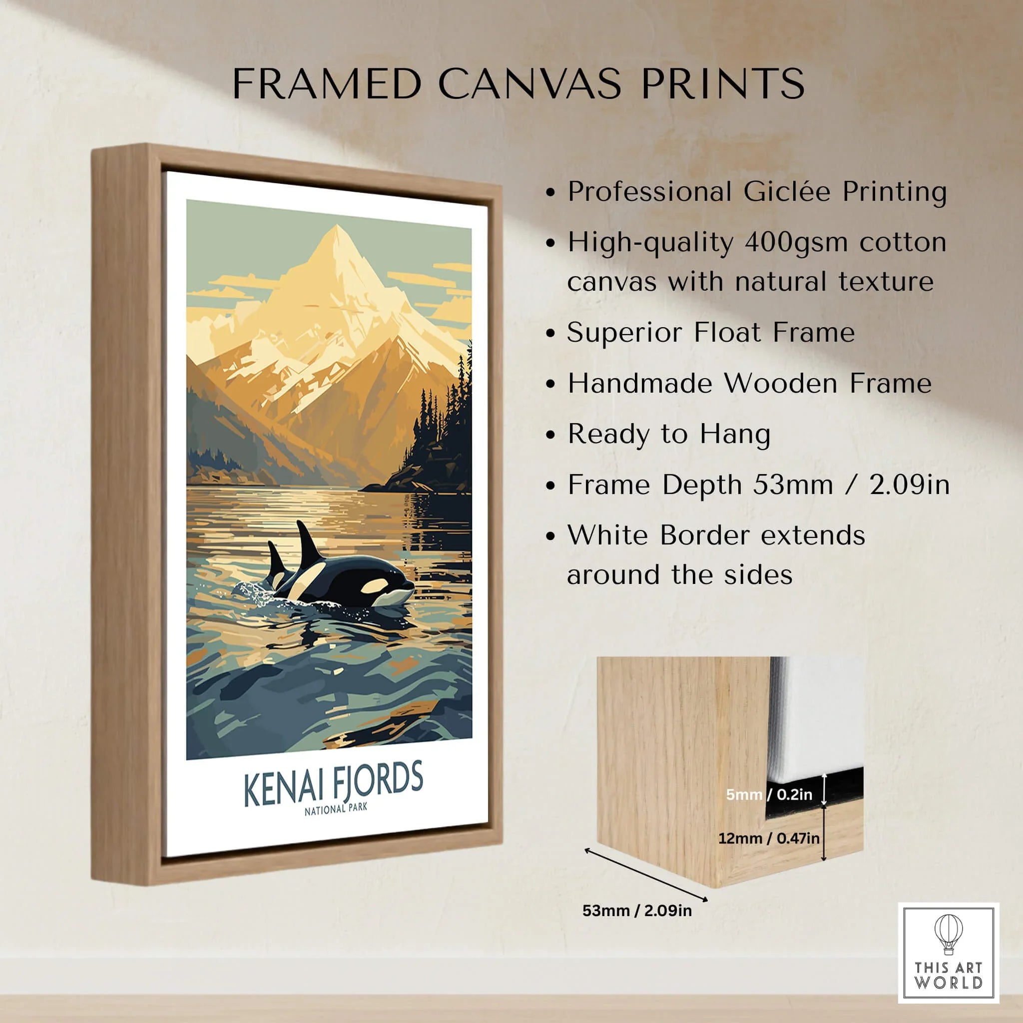 Framed Kenai Fjords National Park canvas print featuring orca whale, mountain and lake scene