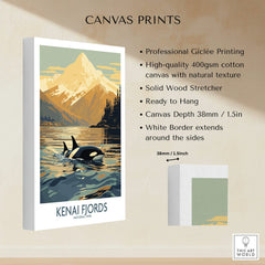 Kenai Fjords National Park wall art canvas print featuring orca and mountains, ready to hang