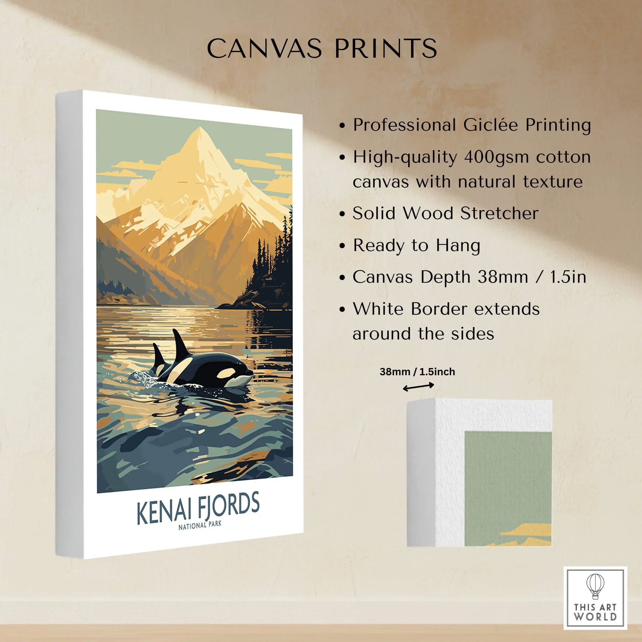 Kenai Fjords National Park wall art canvas print featuring orca and mountains, ready to hang