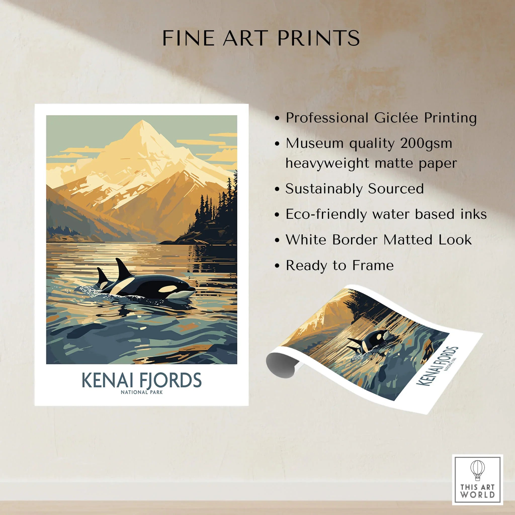 Kenai Fjords National Park art print with orca, mountains, and eco-friendly details