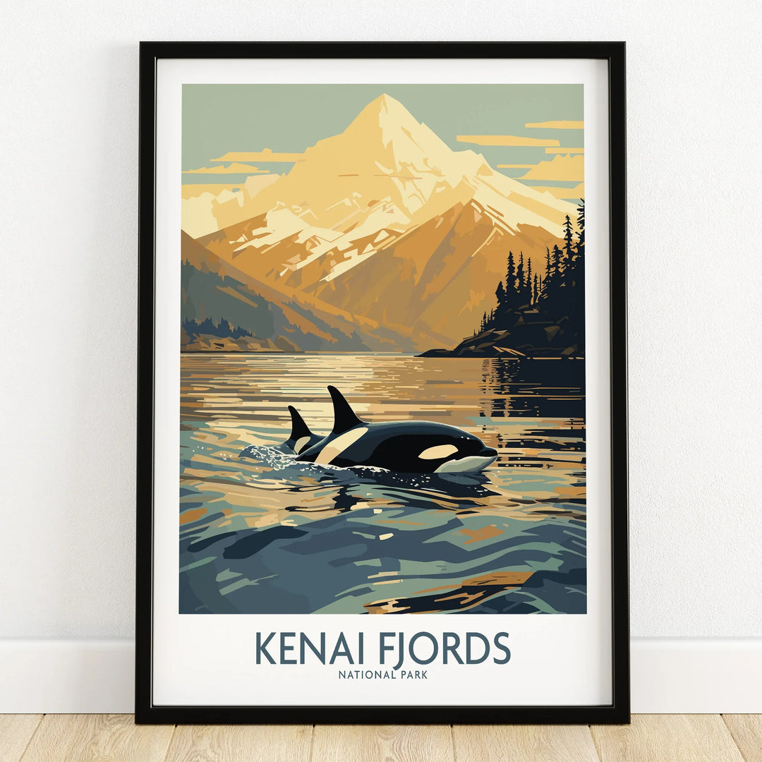 Kenai Fjords National Park art print with orca whale and mountain in black frame on wooden floor