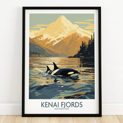 Kenai Fjords National Park art print with orca whale and mountain in black frame on wooden floor