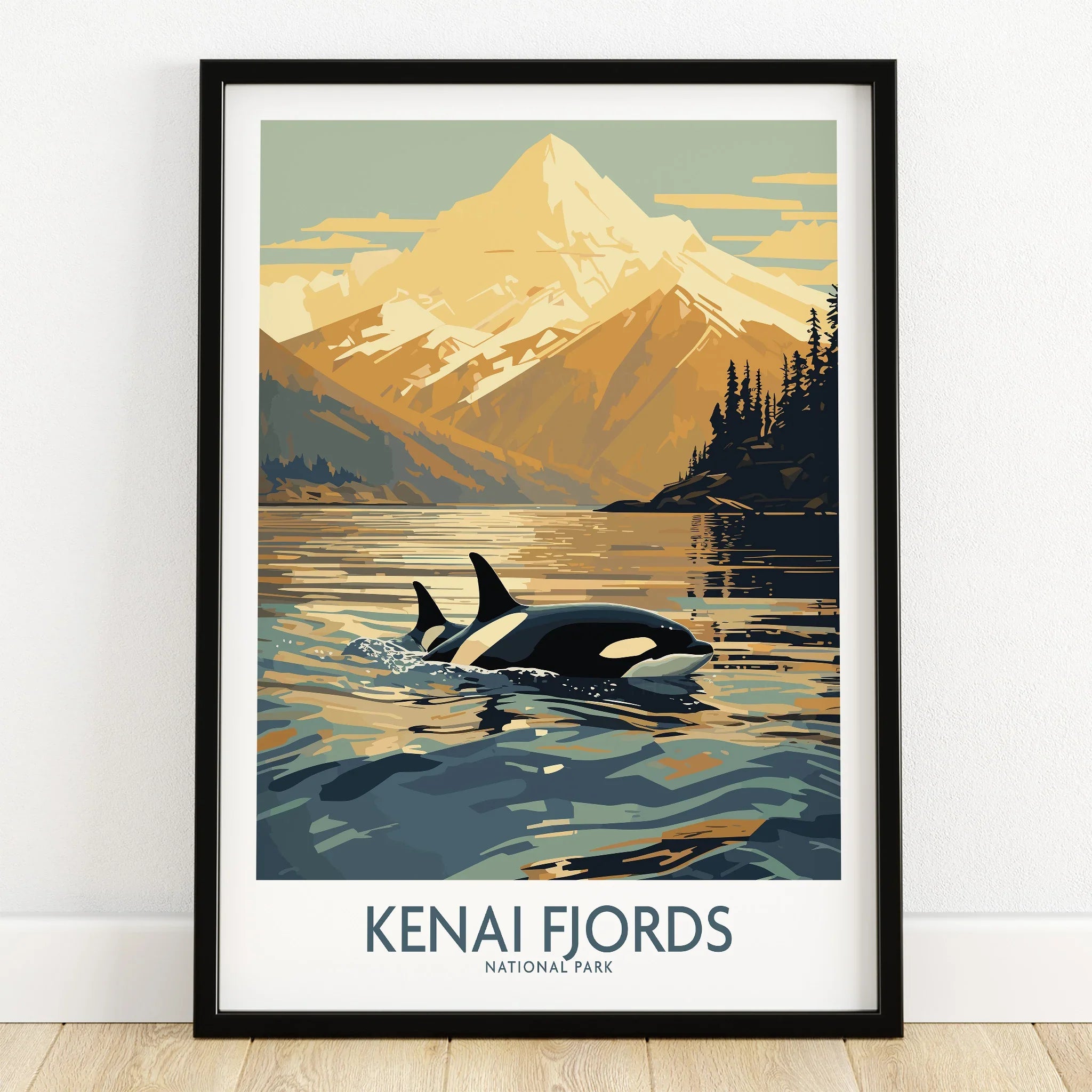 Kenai Fjords National Park art print with orca whale and mountain in black frame on wooden floor