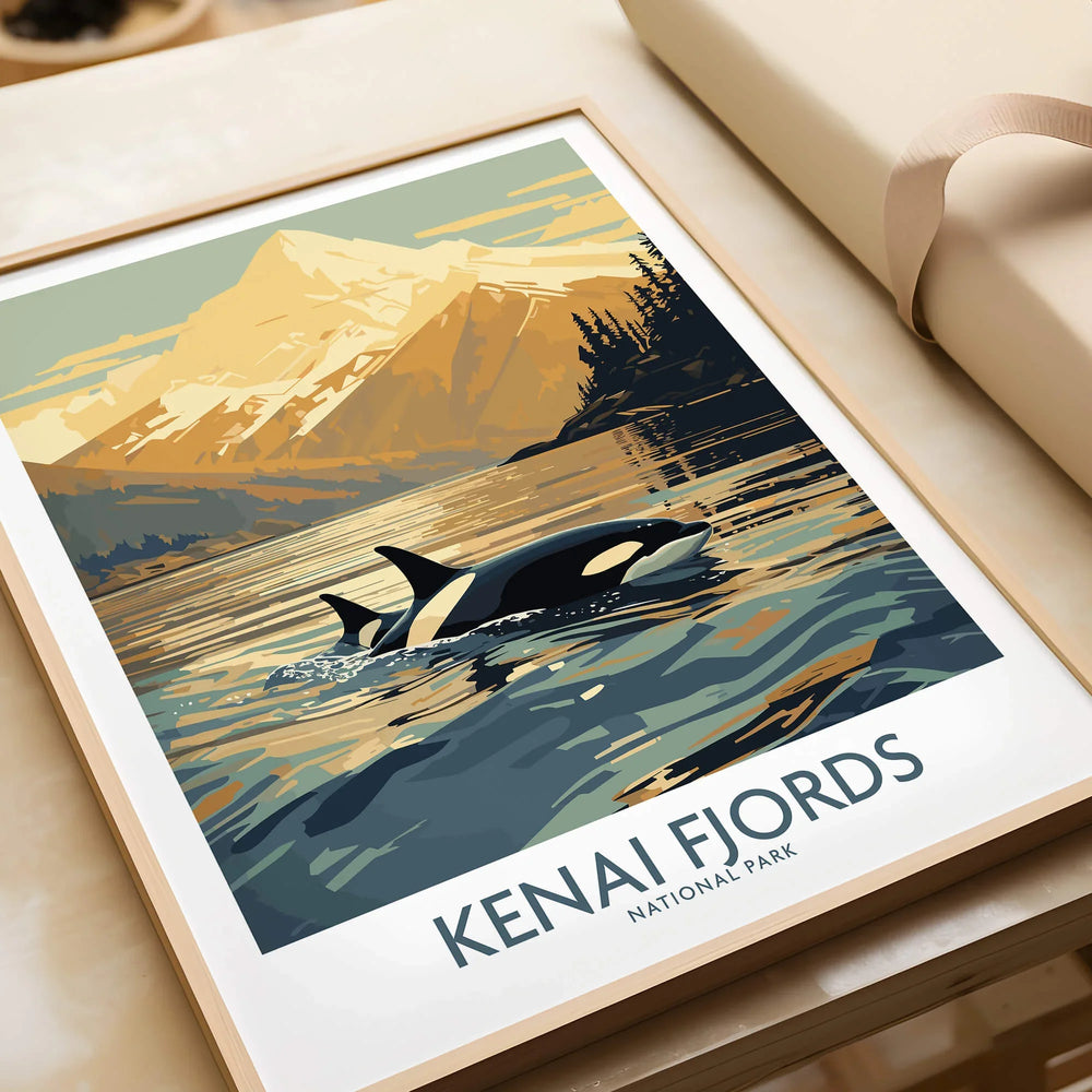 Kenai Fjords National Park art print featuring an orca and mountain landscape in a natural frame
