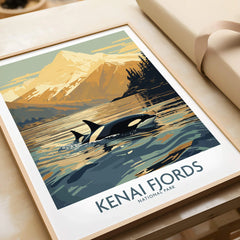 Kenai Fjords National Park art print featuring an orca and mountain landscape in a natural frame