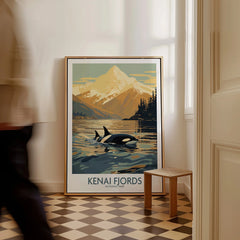 Kenai Fjords National Park framed travel poster with orcas and mountains in hallway decor