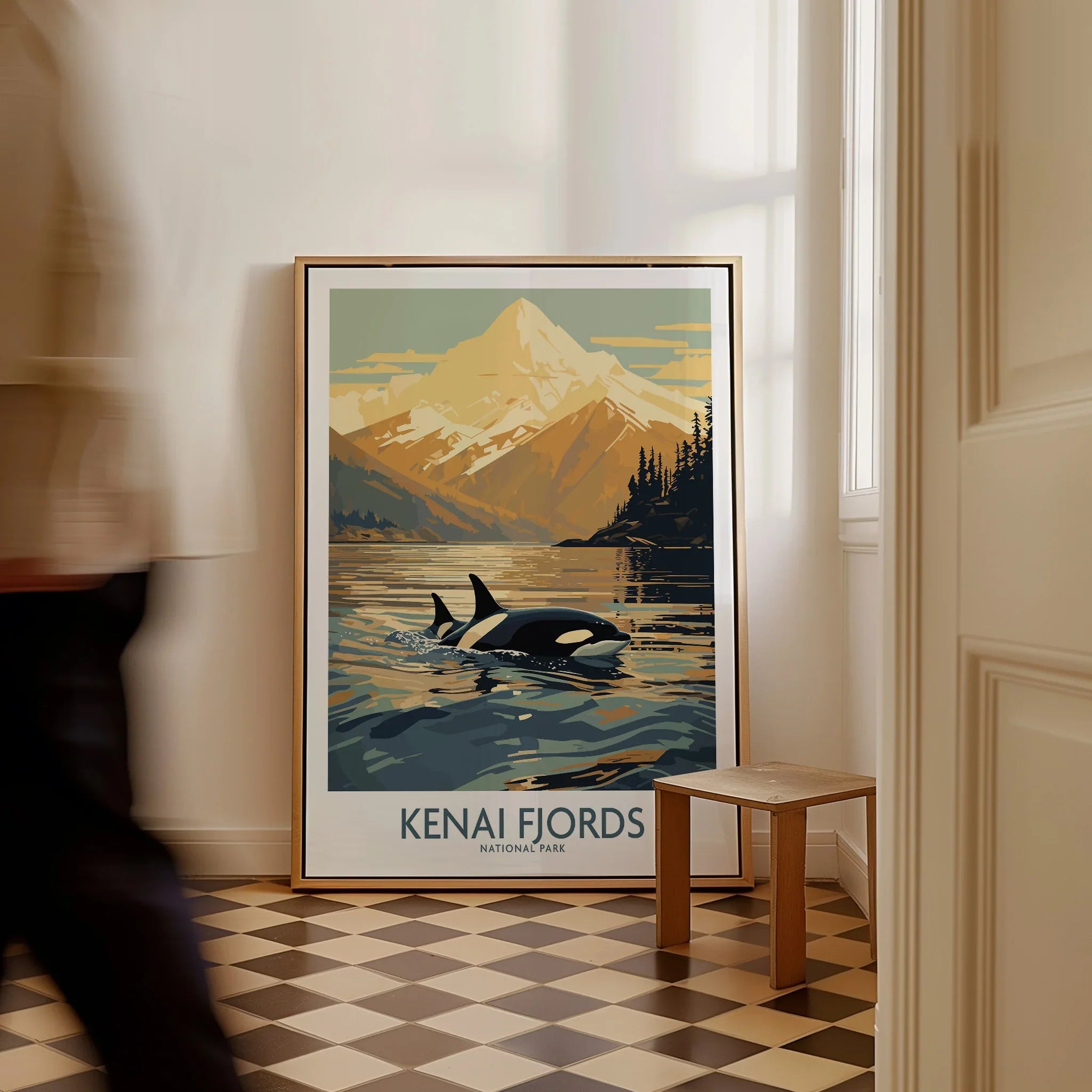 Kenai Fjords National Park framed travel poster with orcas and mountains in hallway decor