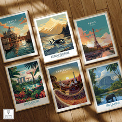 Set of six framed travel posters featuring Venice, Paris, Barcelona, Singapore, Kenai Fjords, and Sri Lanka, displayed on a wooden floor.