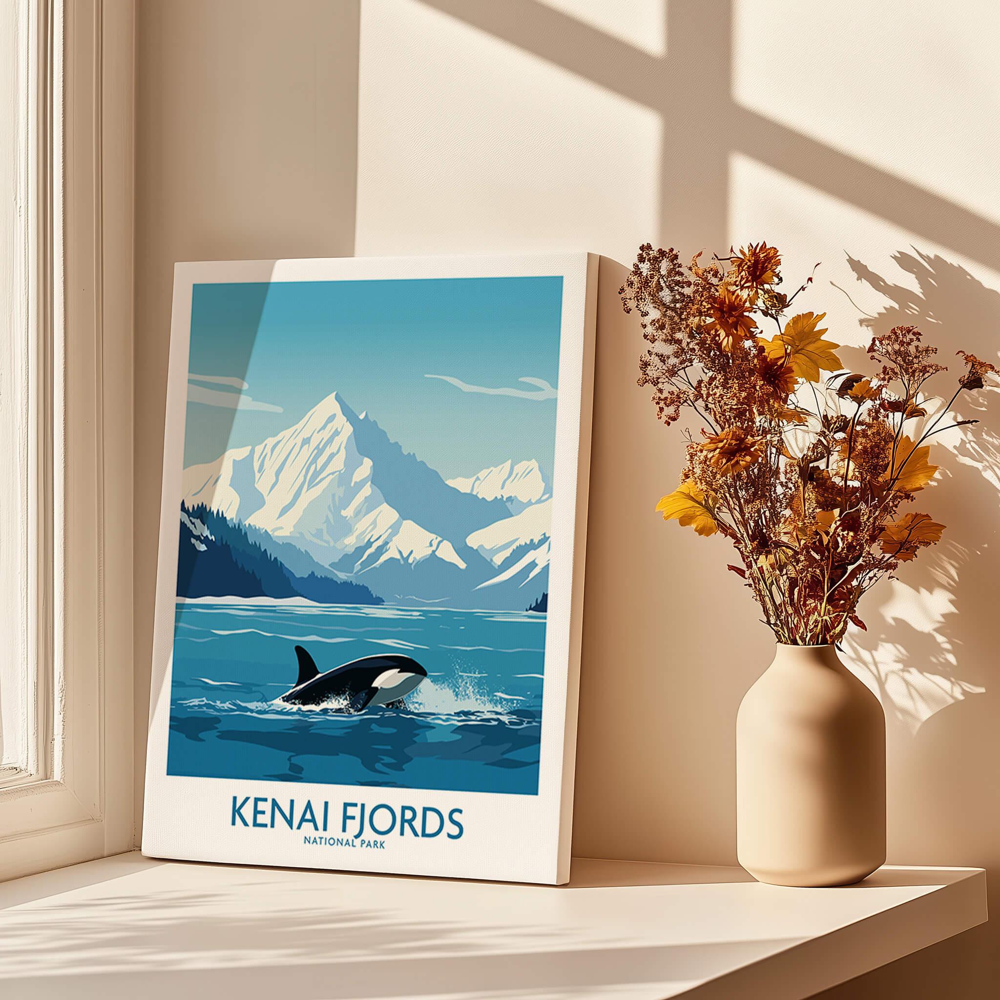 Kenai Fjords National Park art print with orca, mountains, and vase of dried flowers on windowsill