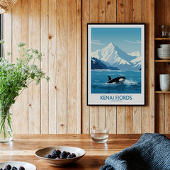 Kenai Fjords National Park art print with orca and mountains in rustic kitchen setting