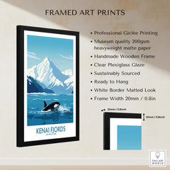 Framed Kenai Fjords National Park poster with orca, mountains, and product features listed.