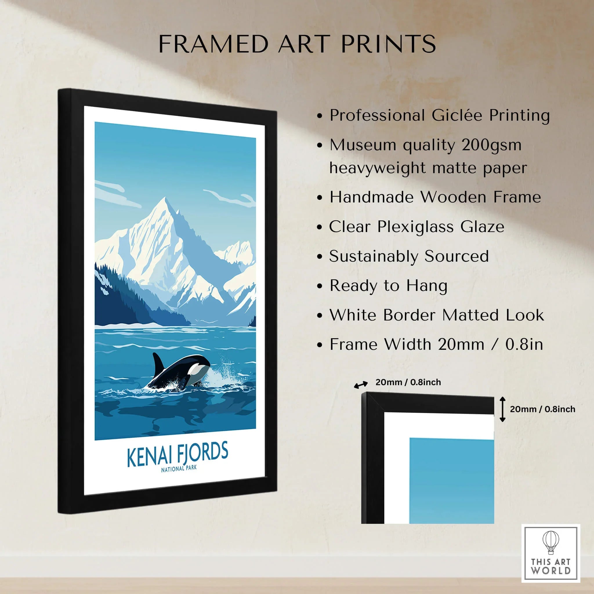 Framed Kenai Fjords National Park poster with orca, mountains, and product features listed.