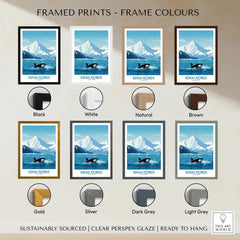 Kenai Fjords travel poster print with orca, snowy mountains, and eight frame color options